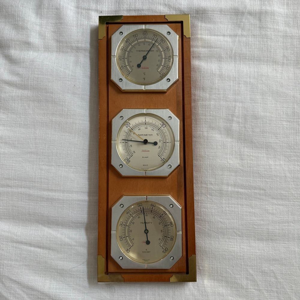 Vintage Sunbeam Wood Wall Weather Station Thermometer Barometer Hygrometer USA